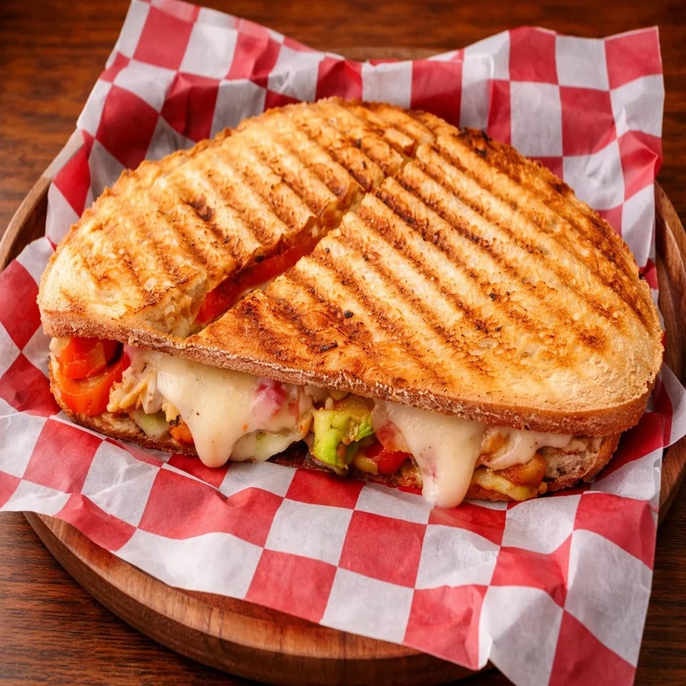Grilled panini sandwich with melted cheese, avocado, and red peppers on checkered paper.