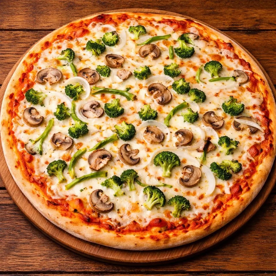 Vegetable pizza with broccoli, mushrooms, onions, and green peppers on a wooden board.